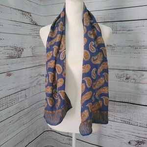 Vintage J G Hook SILK Paisley Scarf Blue Gold Fringe Pattern Rolled Hem 11x25